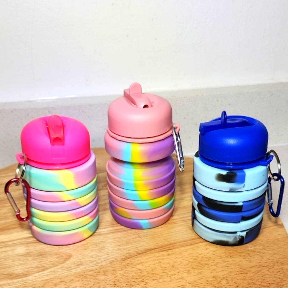 NEW. 3pc Collapsible Water Bottle Set - Pink, Rainbow, Blue